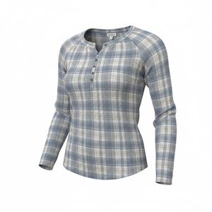 BearPaw Women's Light Blue and Cream Plaid Henley Long Sleeve Top